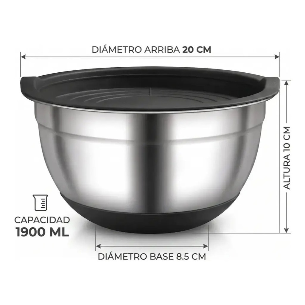 Bowl De Acero Inoxidable Con Base De Silicona varias medidas Tapa