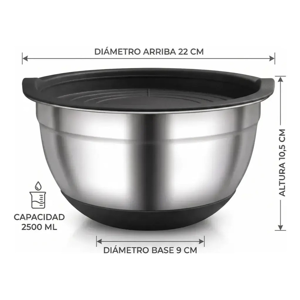 Bowl De Acero Inoxidable Con Base De Silicona varias medidas Tapa