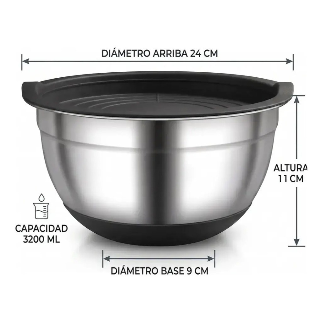 Bowl De Acero Inoxidable Con Base De Silicona varias medidas Tapa
