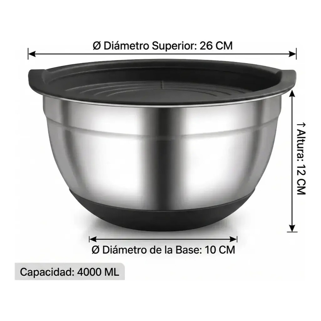 Bowl De Acero Inoxidable Con Base De Silicona varias medidas Tapa