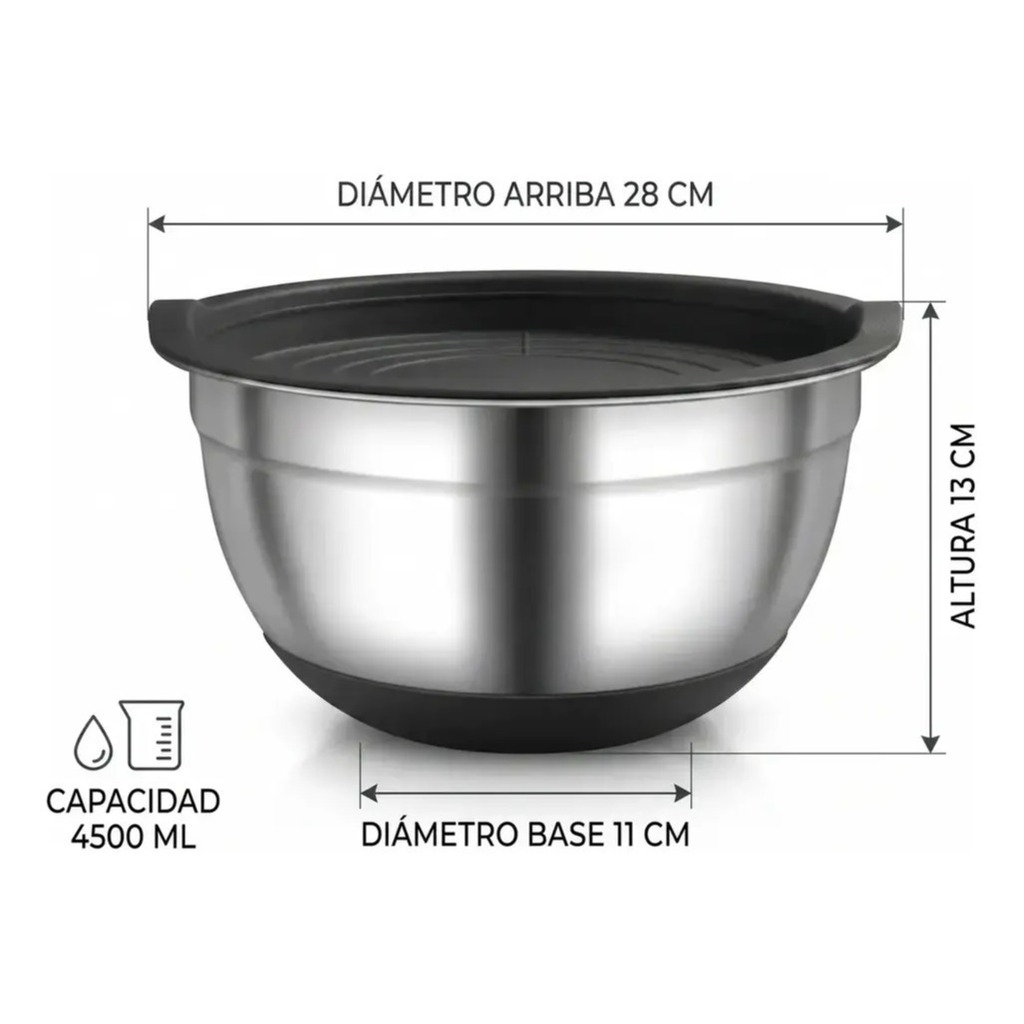 Bowl De Acero Inoxidable Con Base De Silicona varias medidas Tapa