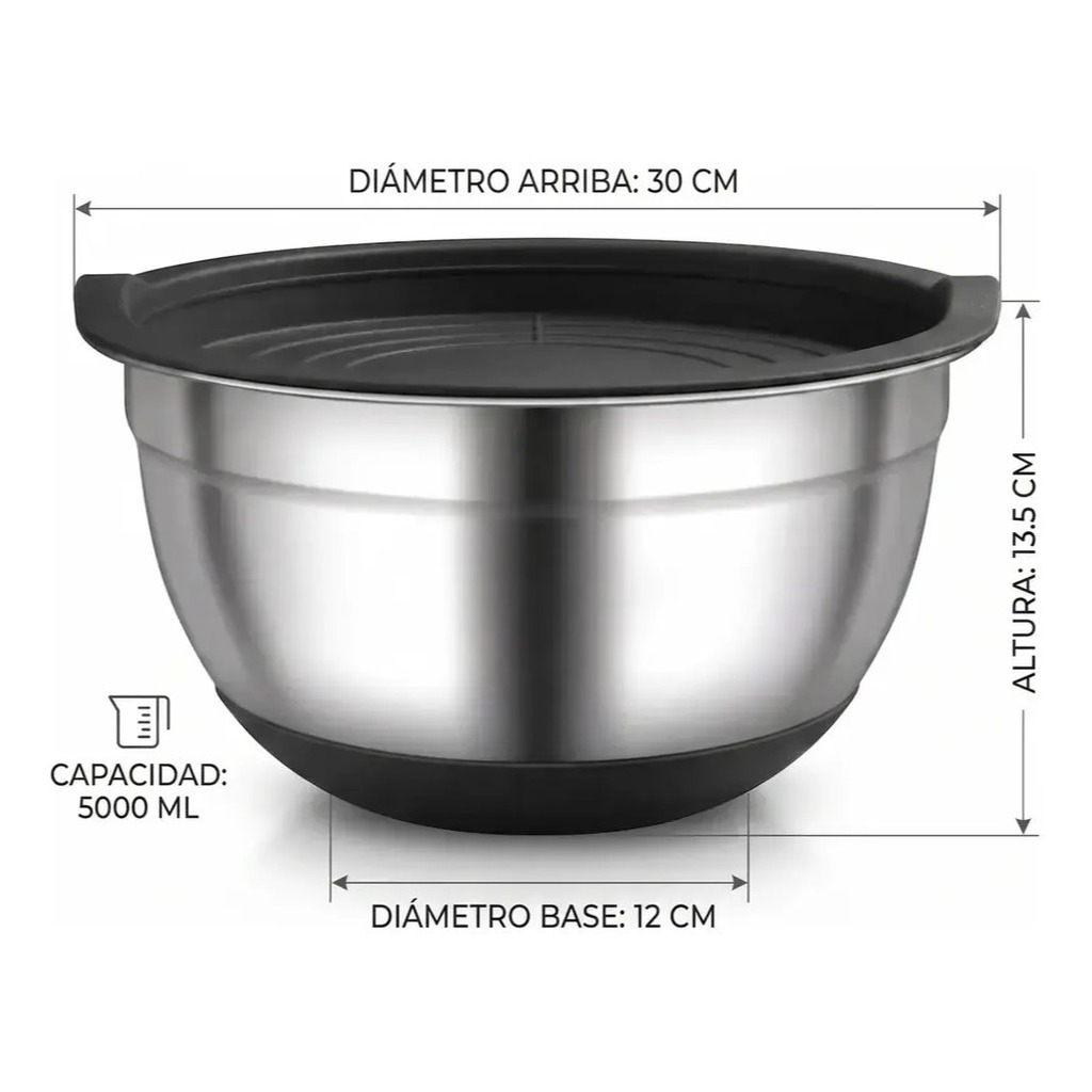 Bowl De Acero Inoxidable Con Base De Silicona varias medidas Tapa
