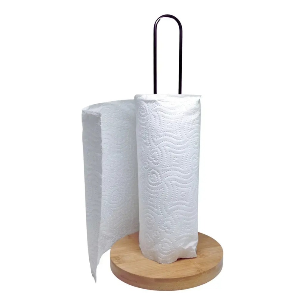 Porta Rollo De Cocina Negro Y Madera Bambú Mesa