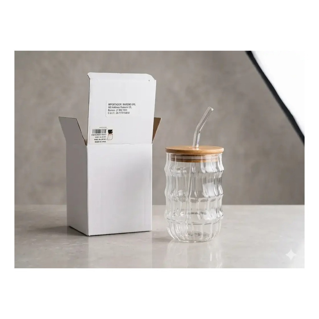 Vaso De Vidrio Con Tapa De Bambú Y Sorbete Diseño Ondulado Marrón Claro
