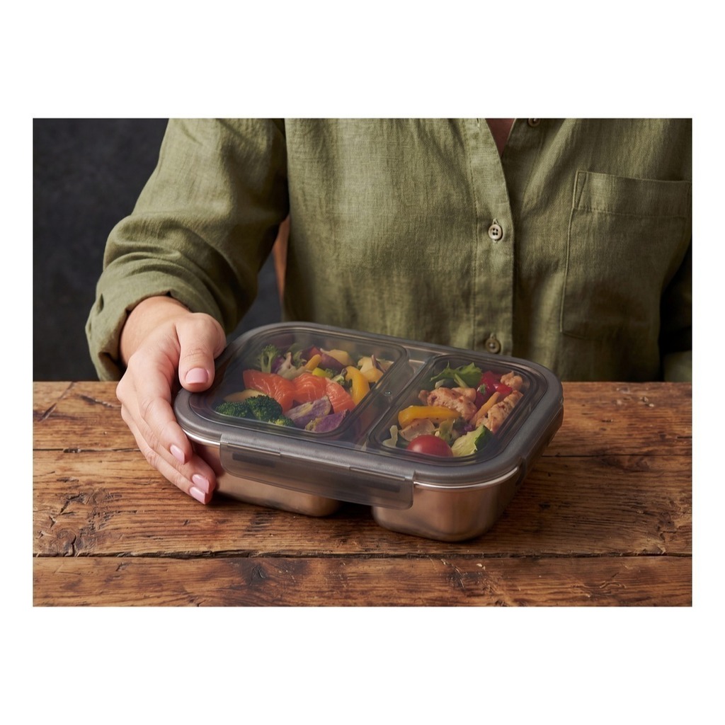 Pote Vianda Hermetico Acero Apto Horno Micro Con 2divisiones Acero