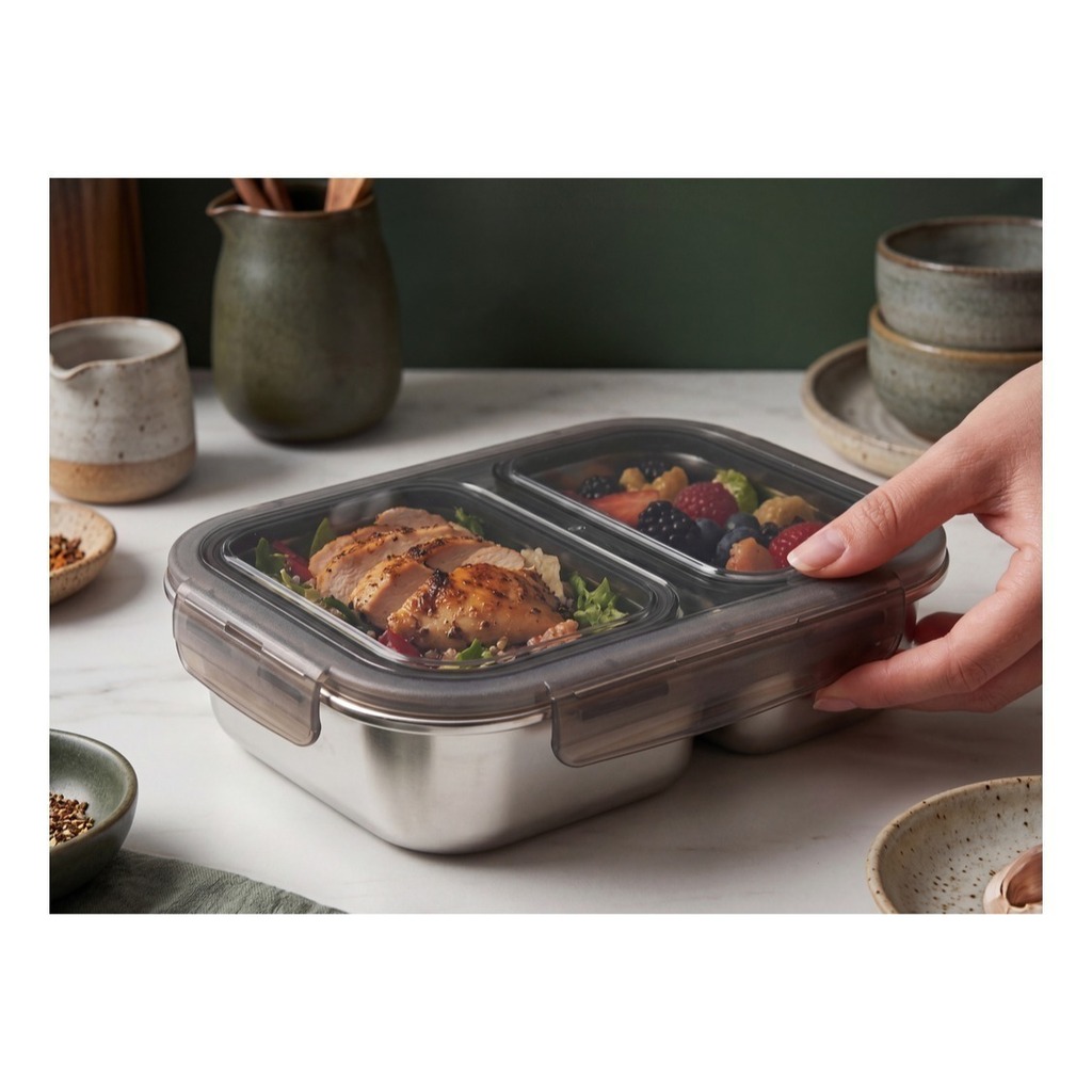 Pote Vianda Hermetico Acero Apto Horno Micro Con 2divisiones Acero
