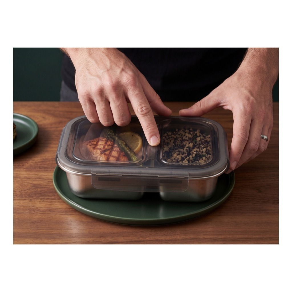 Pote Vianda Hermetico Acero Apto Horno Micro Con 2divisiones Acero