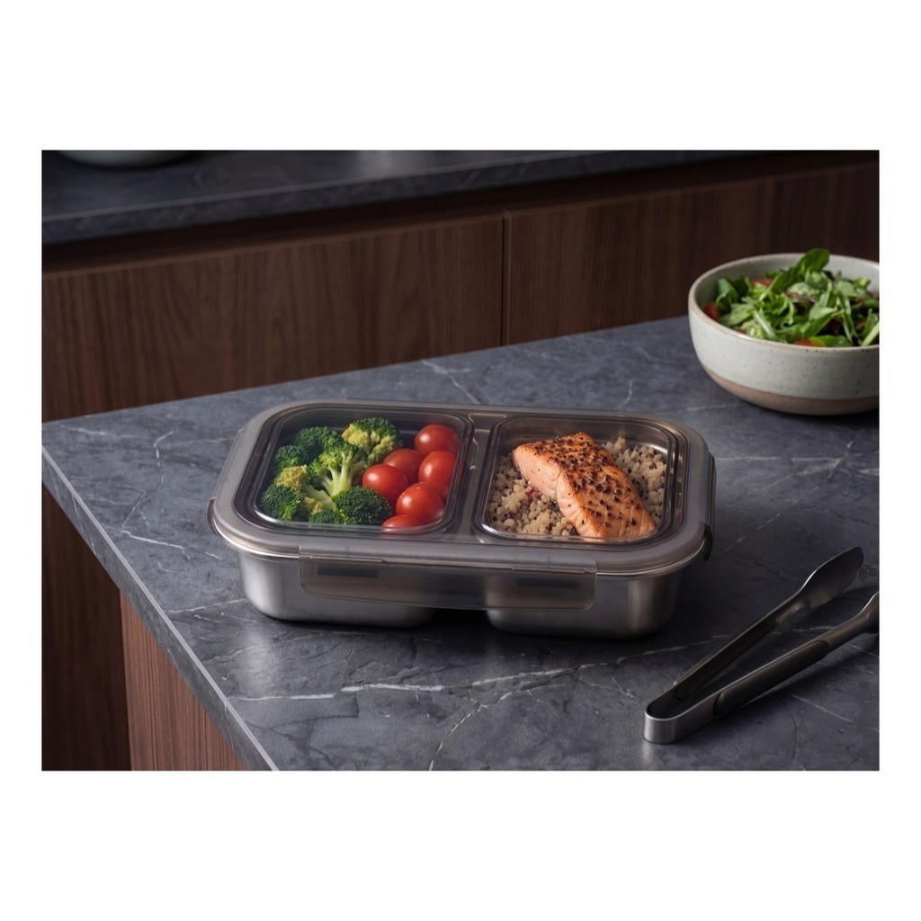 Pote Vianda Hermetico Acero Apto Horno Micro Con 2divisiones Acero