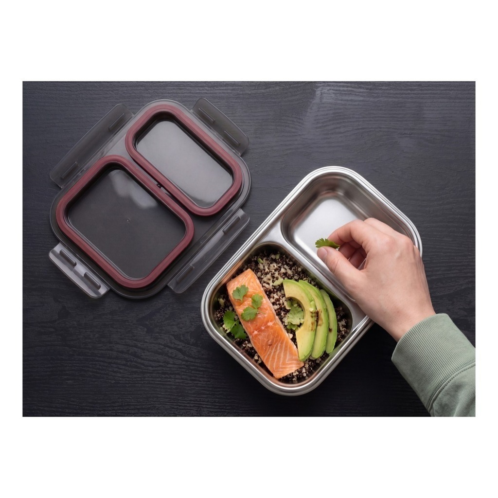 Pote Vianda Hermetico Acero Apto Horno Micro Con 2divisiones Acero