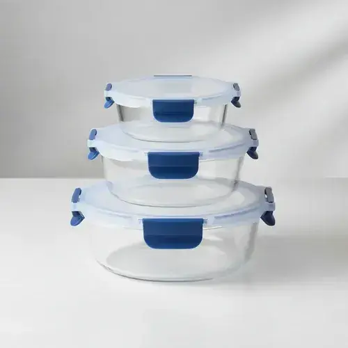 3 Tupper Vidrio Hermético Redondo Apto Microondas Horno Freezer Azul