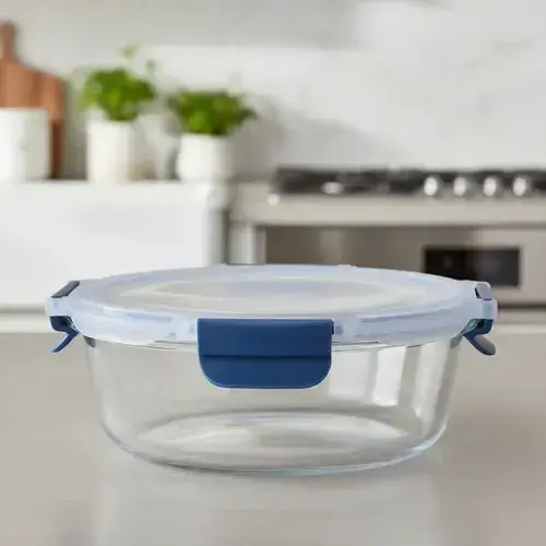 3 Tupper Vidrio Hermético Redondo Apto Microondas Horno Freezer Azul