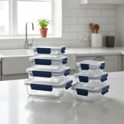 Kit7 Tuper Hermetico Recipientes Vidrio Pirex Horno Frezzer Azul