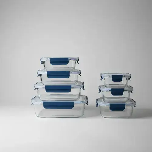 Kit7 Tuper Hermetico Recipientes Vidrio Pirex Horno Frezzer Azul