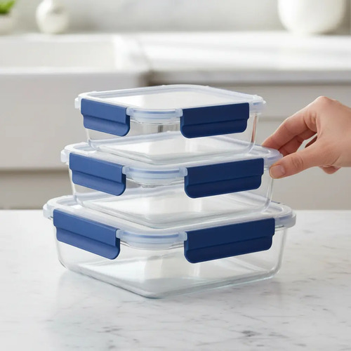 Setx4 Tuper Vidrio Hermetico Rectangular Horno Frezzer Smlxl Azul