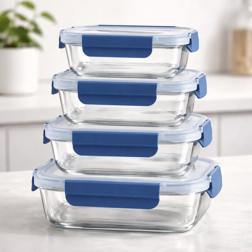 Setx4 Tuper Vidrio Hermetico Rectangular Horno Frezzer Smlxl Azul