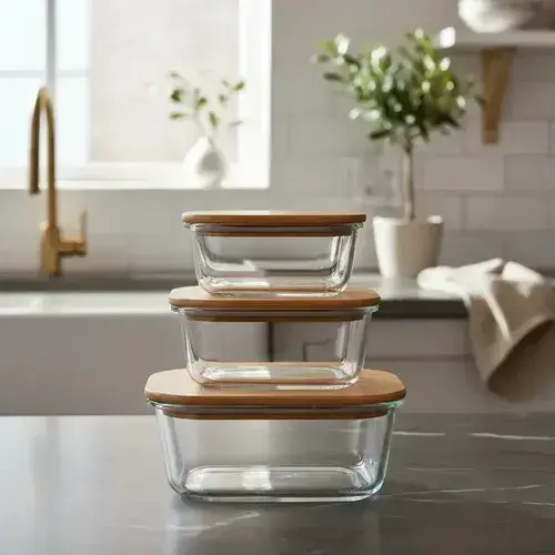 Setx3 Tuper Vidrio Bamboo Cuadrado Horno Frezzer Micro Sml Color Marrón Claro