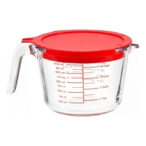 Jarra Medidora De Vidrio 1 Litro Con Tapa Roja Rojo