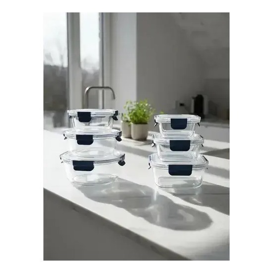 Kit 6 Tuper Hermetico Recipientes Vidrio Pirex Horno Frezzer Azul