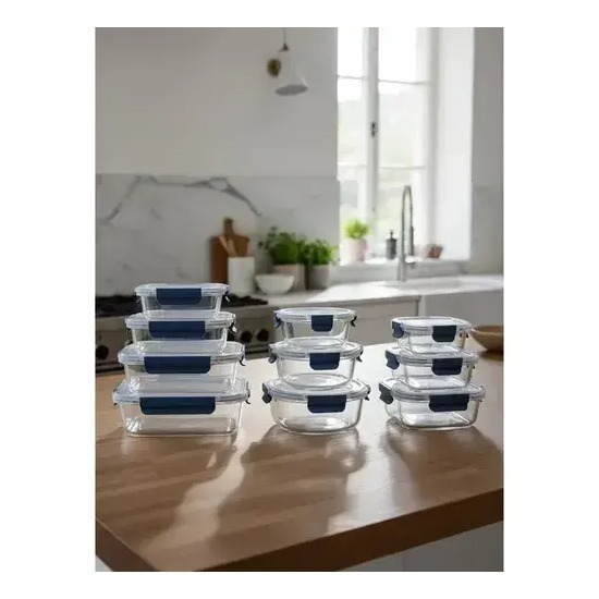 Kit10 Tuper Hermetico Recipientes Vidrio Pirex Horno Frezzer Azul